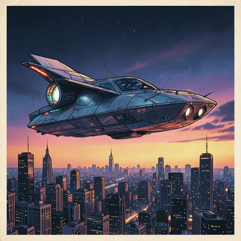 Illustration rétro-futuriste d'un vaisseau spatial survolant une ville au crépuscule